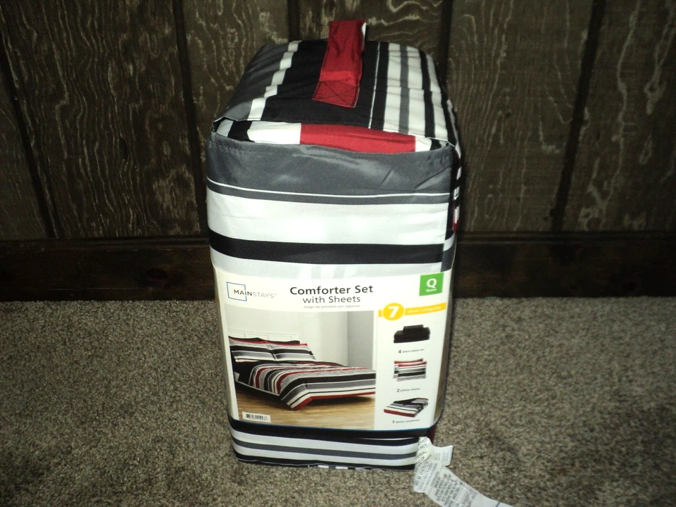 Juego de edredón Mainstays con sábanas Queen 7 piezas rayas rojas, negras, blancas NUEVO Foto 3 de 4