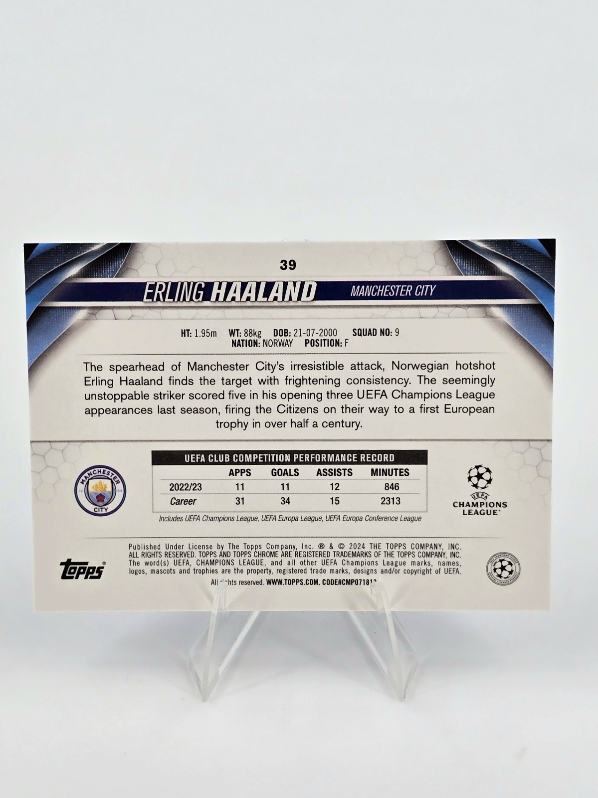 Erling Haaland 2023-24 Topps Chrome UCC Purple Ray Wave Refractor /175 Man City view 4