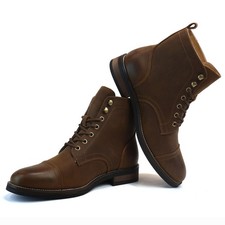 Mens Boots Genuine Brown Leather Cap Toe Lace Up Ankle Block Heel AZARMAN NEW