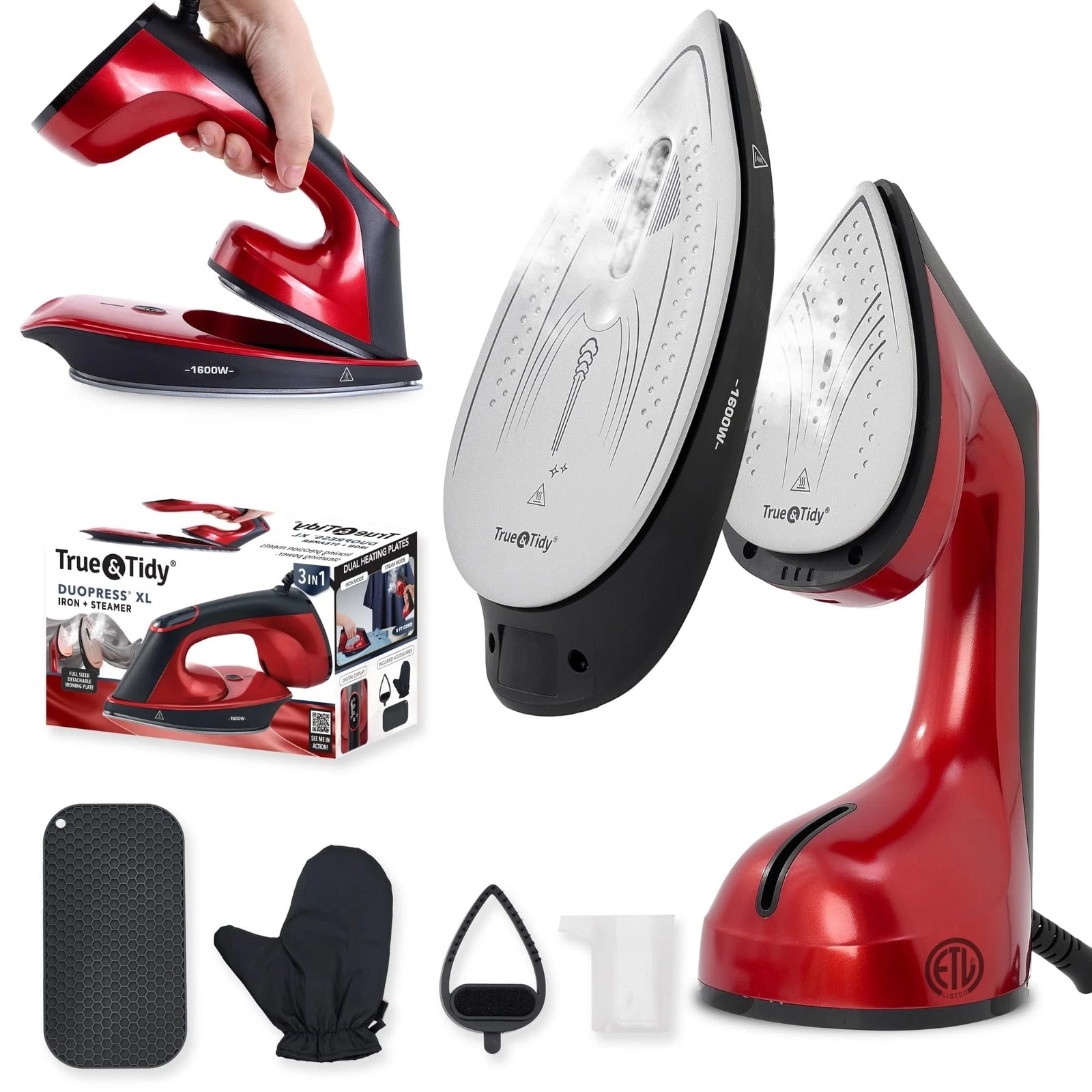 True & Tidy DuoPress XL 2-in-1 Clothes Steamer & Iron, 1600W Powerful Turbo -M