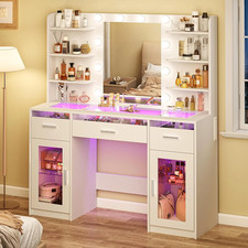 Makeup Vanity Desk With Mirror And Lights 3 Colors Transparent Top RGB Drawers