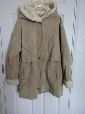 Sag Harbor Tan Leather Coat Sherpa Lining Size Large Zip&3 Button Closure