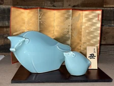 Japanese Ceramic Zodiac Cow Calf Handcarved Primitive Lucky Art Home Decor  