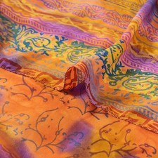 Sanskriti Vintage Saree Orange Pure Crepe Floral Printed Sari 6.5Yd Craft Fabric