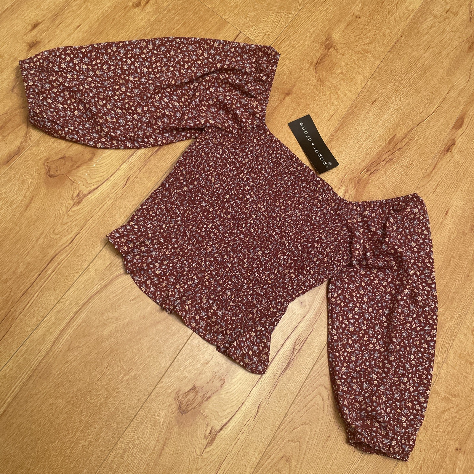 New Paper Crane Floral Smocked Balloon Sleeve Top Cottagecore Flutter Crop Boho