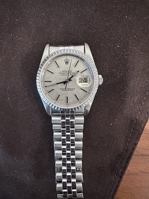 Rolex Datejust 1603 Silver Oyster Bracelet with Rare Silver Linen Dial.