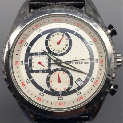 Daniel Hechter DH21-1 Mens Watch 44mm White Dial Black Leather 50M New Battery