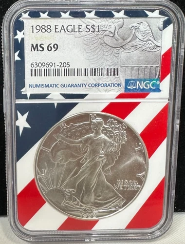 1988 $1 AMERICAN SILVER EAGLE NGC MS69 USA FLAG CORE HOLDER