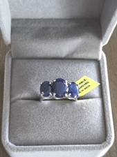 NEW Blue Sapphire Rhodium Over 925 SS 3 Stone Ring 5.25ctw LAB CREATED 7