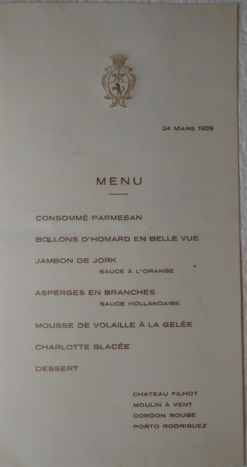 Menù stemma con corona 24 marzo 1929 leggere dietro