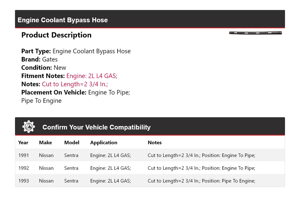 Puertas de manguera de derivación de refrigerante de motor de gas 2L L4 1991-1993 Nissan Sentra 1992 Foto 2 de 4