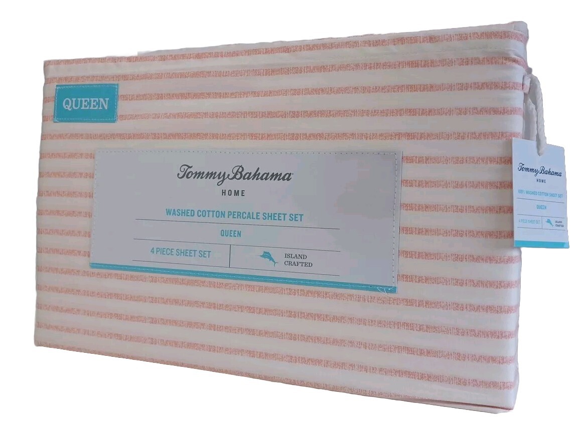 4pc Tommy Bahama Queen Sheet Set, Cool Beach Stripe Washed Cotton Percale,  New