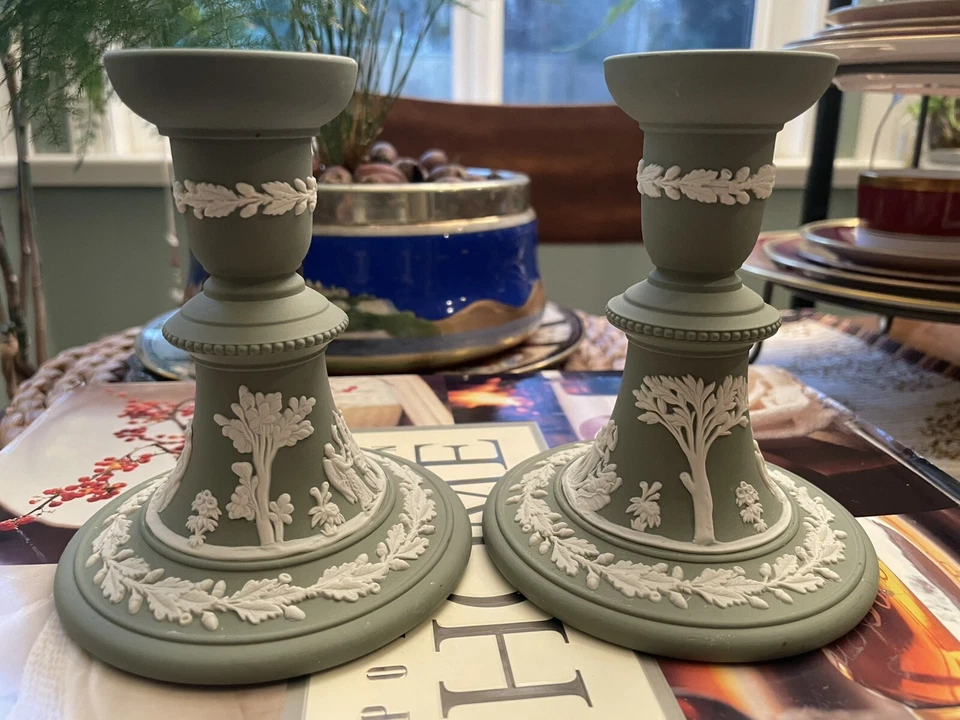 Wedgwood Jasperware Neoclassical Sage Green 2 Candle Holders ~5” Tall - Image 2 of 4