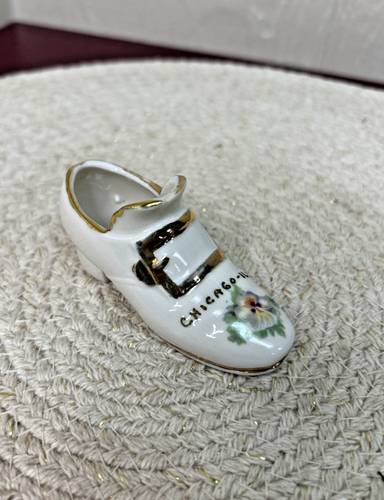 Vintage Porcelain Miniature Shoe Chicago Illinois Gold Buckle Floral
