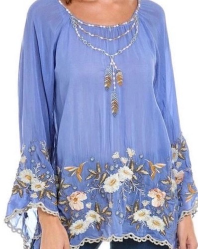 Johnny Was Indina blau stark besticktes Boho Top Medium Lg Oversized