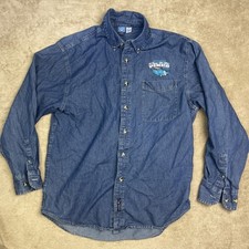 Port Company Men's M Blue Denim Shirt Embroidered Long Sleeve Button Up