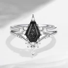 Black Rutilated Quartz Hexagon Engagement Ring Set White Gold Moissanite Ring