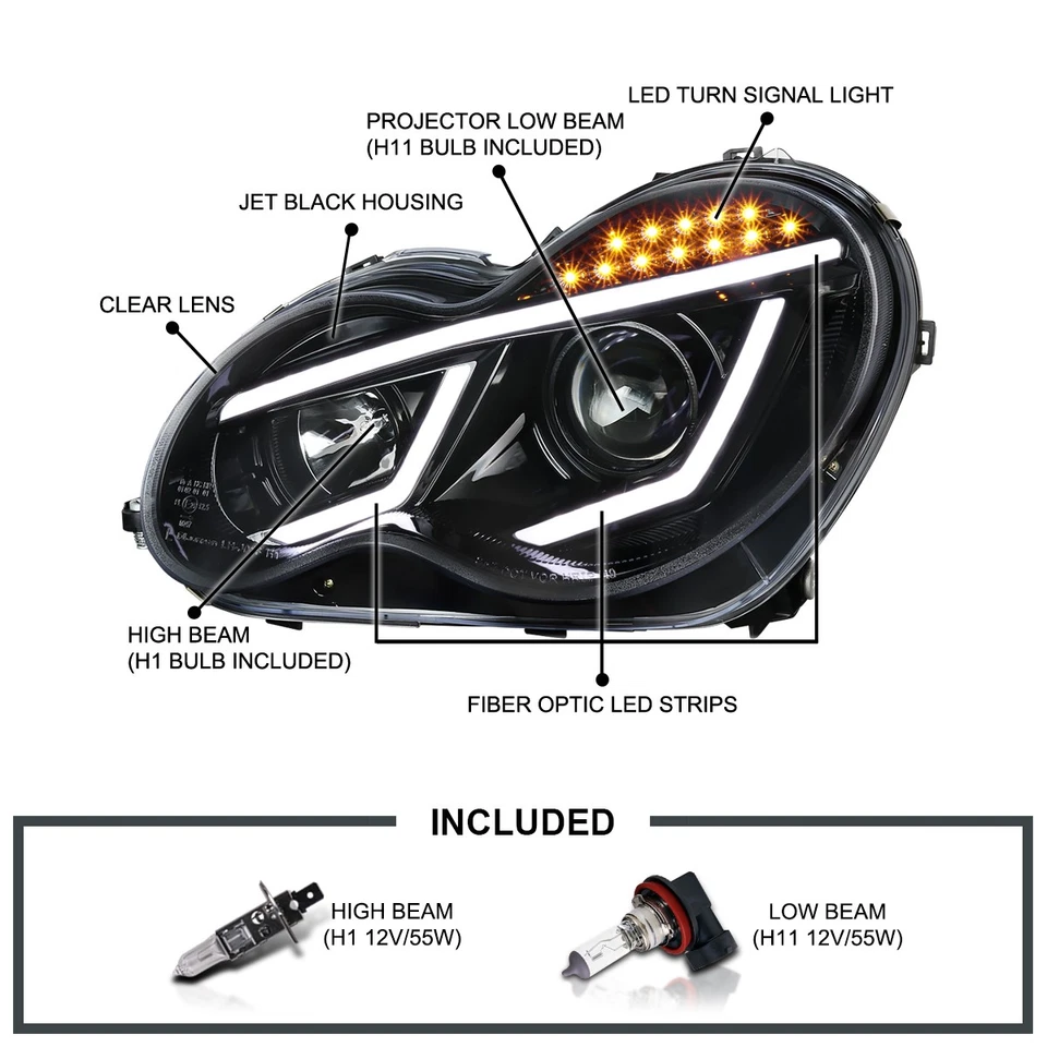 Jet Black Fits 2001-2007 Benz W203 C230 C320 Sedan LED Bar Projector Headlight Foto 3 de 4