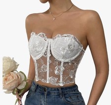 Strapless White Lace Rose-Embroidered Bustier Top size M Women’s Coquette bra