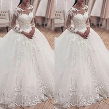 Princess Wedding Dresses Long Sleeve O Neck Plus Size Lace Applique Bridal Gowns