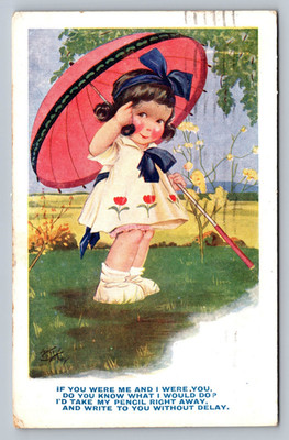 POSTKARTE - COMIC - OHNE VERZÖGERUNG SCHREIBEN - 1923 VERSCHICKT - MÄDCHENSCHIRM