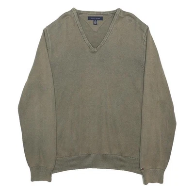 TOMMY HILFIGER Pull Col V Vert Coton Tricot Uni XL Léger Décontracté - Photo 1/4