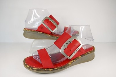 FLY, LONDON ''CAPE'' ROTE LEDER SCHNALLE NIEDRIGER KEILABSATZ SLIDE BEQUEME SANDALEN UK 4, EU37