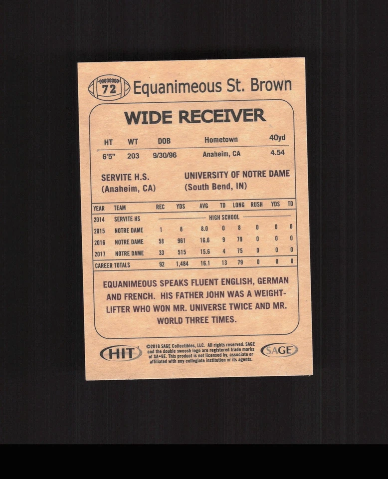 2018 SAGE HIT #72 Equanimeous St. Brown ROOKIE CARD - Image 2 of 2