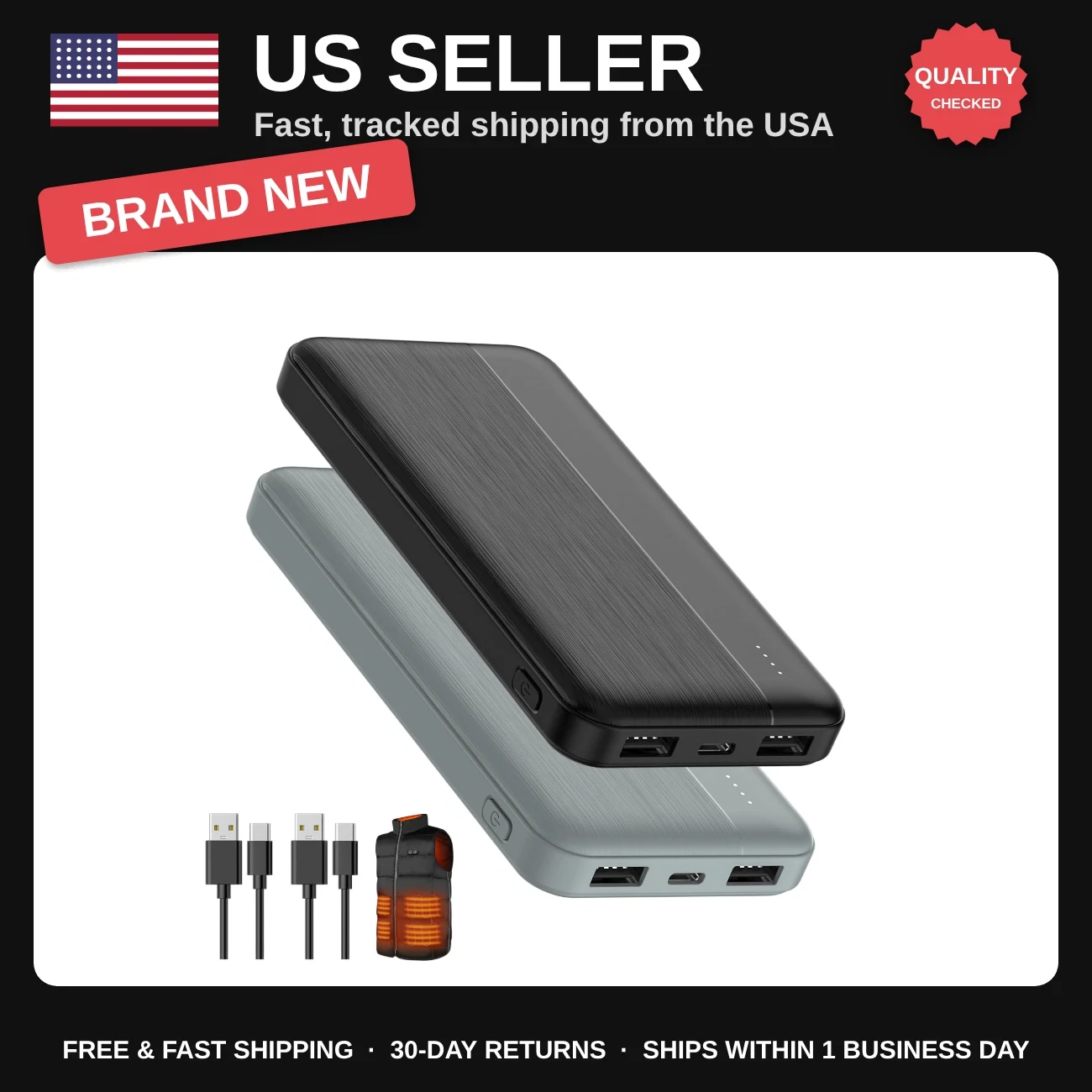 2-Pack 10000mAh Heated Vest Battery Pack, Portable 5V/2A Charger for Outdoor Use - product detail image 1