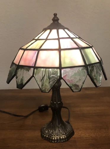 Vtg Glass Lamp Side Table Tiffany Style Greens,Purples, & White Colors