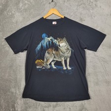 Vintage 90s Jerzees Wolf Mountain Nature Graphic T Shirt Men's Large 1991