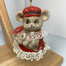 VTG Jasco Caring Critter Chimers Bell Mama Mouse Baby Bisque Porcelain Christmas