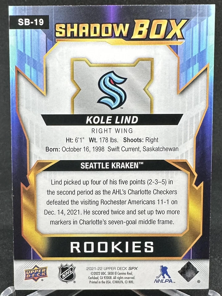 Kole Lind 2021-22 Upper Deck SPx Rookie Shadow Box #SB-19 - Image 2 of 2