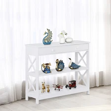 Versatile Sofa Console Table X-frame Design with Drawers Open Shelve, White