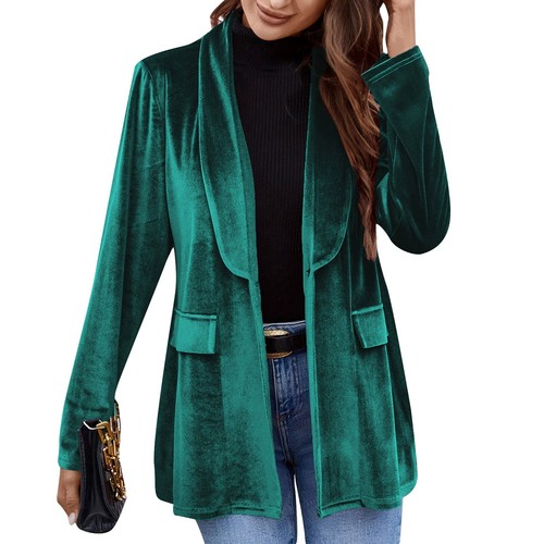 Damen Samt Cardigan Blazer Büro Arbeit Kurzmantel Anzugjacke mit Tasche - Bild 9 von 34