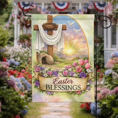 Blessed Easter Garden Flag Religious Spring Decor Cross Lily Flowers Yard Banner