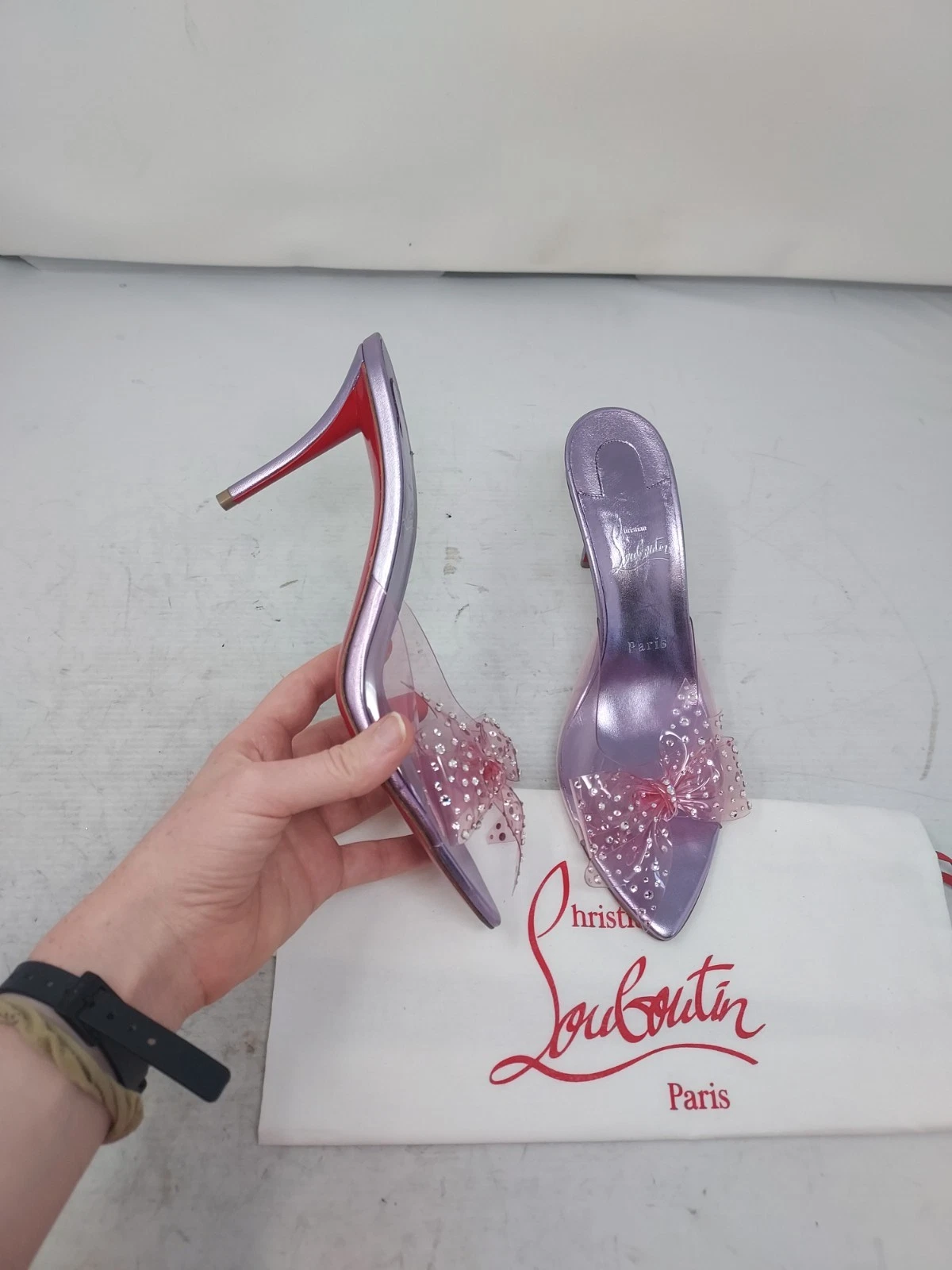 Christian Louboutin — Christian Louboutin EU 38.5 US 8.5 Purple Strass Bow Wedding Crystal PVC Sandal