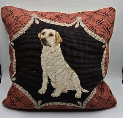 RARE Loie Wool Needlepoint Golden Labrador Lab Throw Pillow 16 x16  