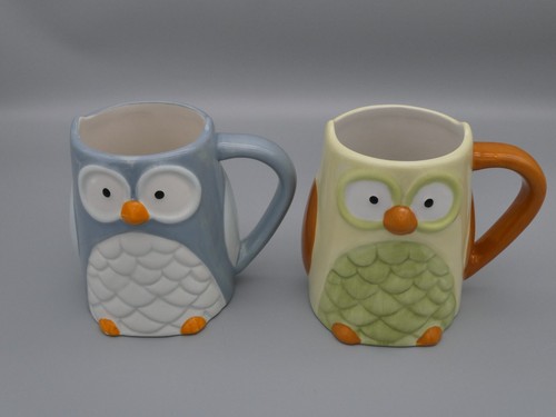 3D Hoot Owl Bird Shaped Coffee Cup Mugs Figural Bas-Relief Gray Yellow PAIR 14oz - Picture 2 of 14
