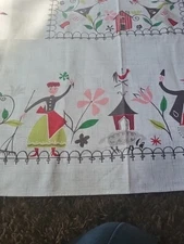 VTG Pennsylvania Dutch Folk Art Linen Tablecloth Farm Scene With Chicken/Rooster