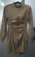Zara Tan Leopard Print Light Corduroy Ruched Mini Dress Size S Stretchy Party