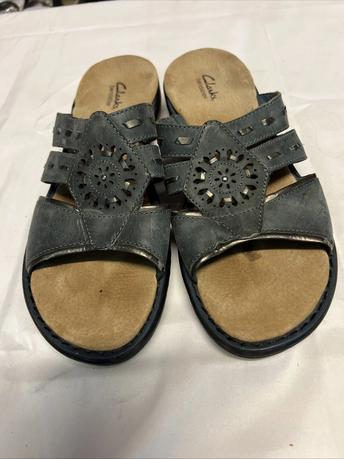 Clarks Bendables donna taglia 10 blu pelle slide comfort morbido zeppa tacco