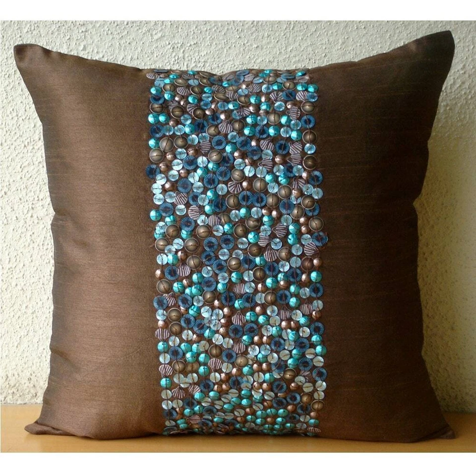 Decorative Sofa Cushion Case Brown 16"x16", Home Decor Silk - Cocoa & Turq - Image 3 of 3
