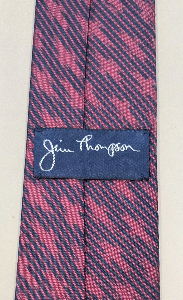 Corbata de seda vintage Jim Thompson roja y azul a rayas áspera seda tailandesa texturizada Foto 3 de 4