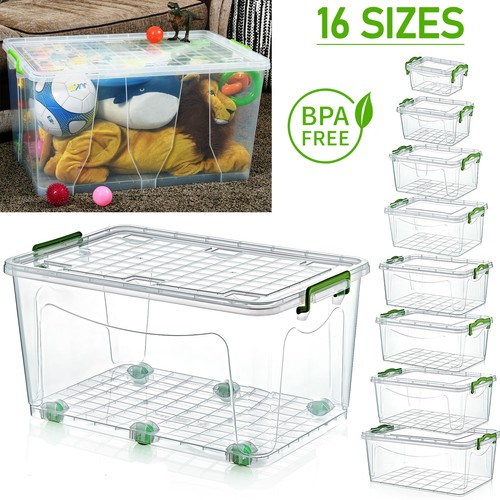 Plastic Storage Boxes Wheels Clear Under Bed Clip Locking Home Office