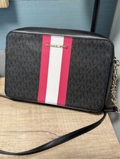 NWOT MICHAEL KORS BLACK JET SET HOT PINK STRIPE CROSSBODY RARE