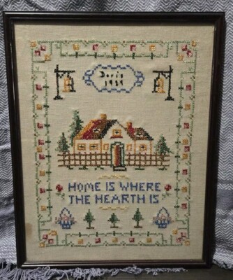 1924 Sampler Framed ''Doris'' Home Is Where The Hearth '' Heart '' Is
