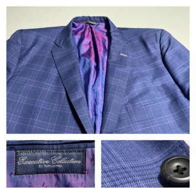 Tom James Custom Wool Jacket Sport Coat Blue Plaid USA (46S-48S portly)*