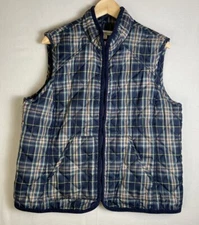 CROFT BARROW Women's Quilted Vest Sz XL Blue Plaid Full Zip Pockets Adjustable