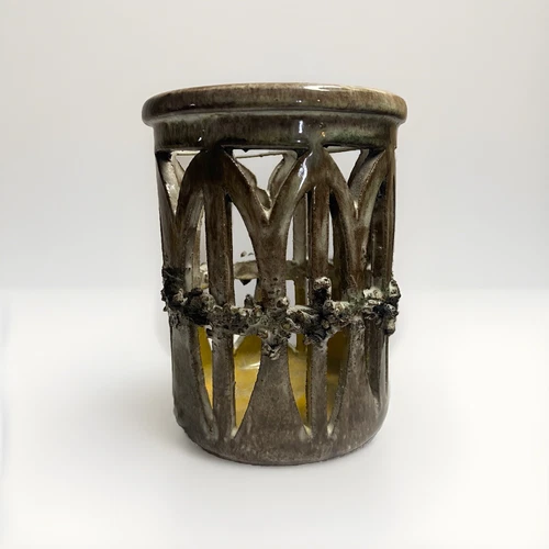 Gilt Volcanic Lava Iceland MCM Brutalist Pottery Candle Holder Signed